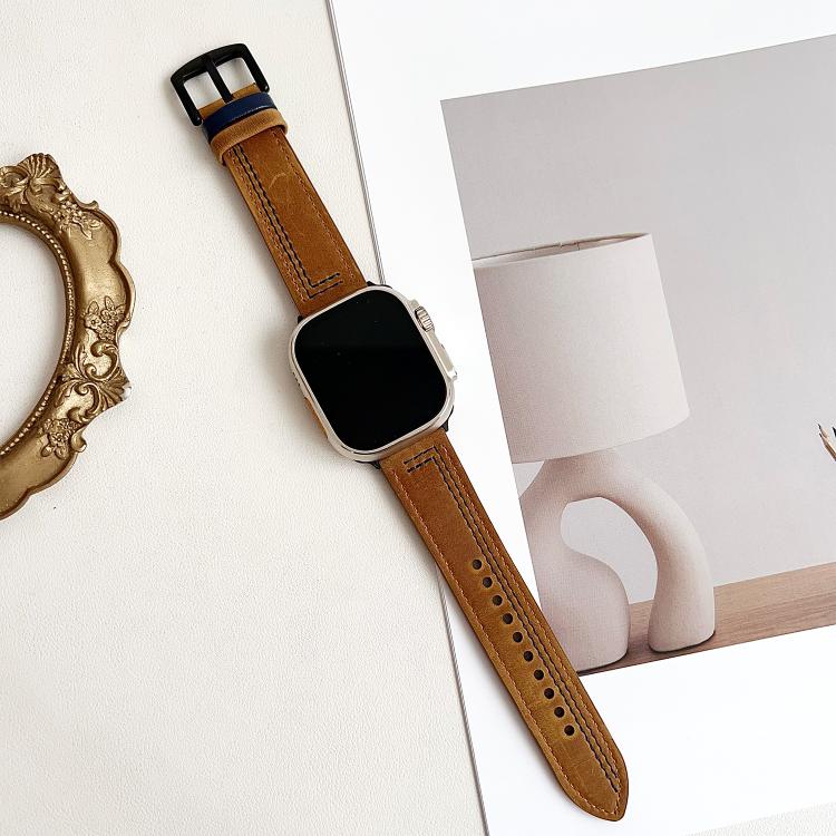 For Apple Watch 46mm / 49mm / 45mm / 44mm 7-Line Tri-Star Buckle Pull Up Leather Watch Band(Crazy Horse Light Brown Blue Thread) by bashfashion