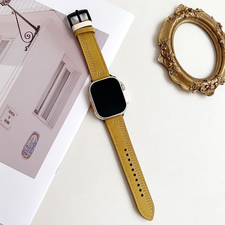 For Apple Watch 46mm / 49mm / 45mm / 44mm 7-Line Tri-Star Buckle Pull Up Leather Watch Band(Light Yellow White Thread) by bashfashion