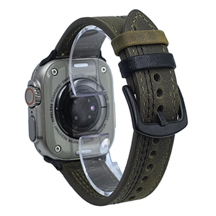 For Apple Watch 46mm / 49mm / 45mm / 44mm 7-Line Tri-Star Buckle Pull Up Leather Watch Band(Crazy Horse Army Green Black Thread) by bashfashion