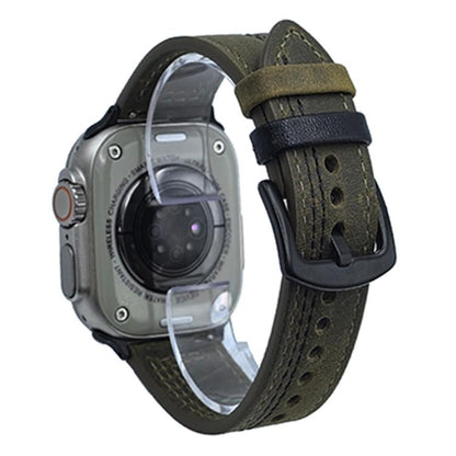 For Apple Watch 46mm / 49mm / 45mm / 44mm 7-Line Tri-Star Buckle Pull Up Leather Watch Band(Crazy Horse Army Green Black Thread) by bashfashion