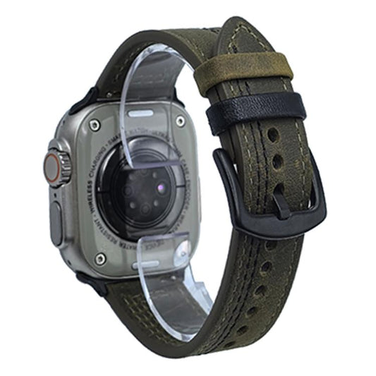 For Apple Watch 46mm / 49mm / 45mm / 44mm 7-Line Tri-Star Buckle Pull Up Leather Watch Band(Crazy Horse Army Green Black Thread) by bashfashion