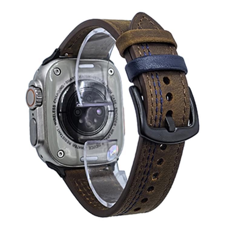 For Apple Watch 46mm / 49mm / 45mm / 44mm 7-Line Tri-Star Buckle Pull Up Leather Watch Band(Crazy Horse Dark Brown Blue Thread) by bashfashion