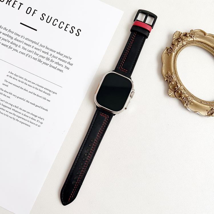 For Apple Watch 42mm / 41mm / 40mm / 38mm 7-Line Tri-Star Buckle Pull Up Leather Watch Band(Black Red Thread) by bashfashion