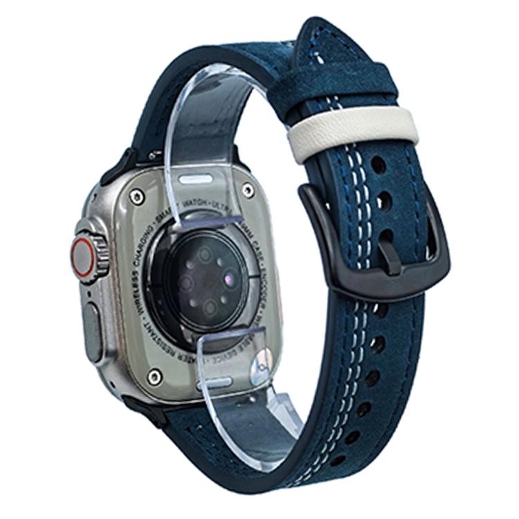 For Apple Watch 42mm / 41mm / 40mm / 38mm 7-Line Tri-Star Buckle Pull Up Leather Watch Band(Dark Blue White Thread) by bashfashion
