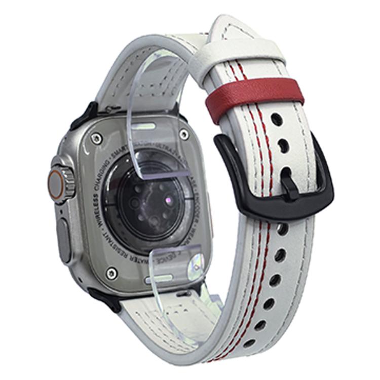 For Apple Watch 42mm / 41mm / 40mm / 38mm 7-Line Tri-Star Buckle Pull Up Leather Watch Band(Beige Red Thread) by bashfashion