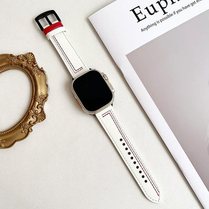 For Apple Watch 42mm / 41mm / 40mm / 38mm 7-Line Tri-Star Buckle Pull Up Leather Watch Band(Beige Red Thread) by bashfashion
