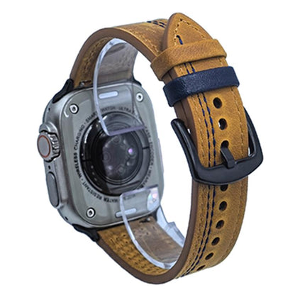 For Apple Watch 42mm / 41mm / 40mm / 38mm 7-Line Tri-Star Buckle Pull Up Leather Watch Band(Crazy Horse Light Brown Blue Thread) by bashfashion