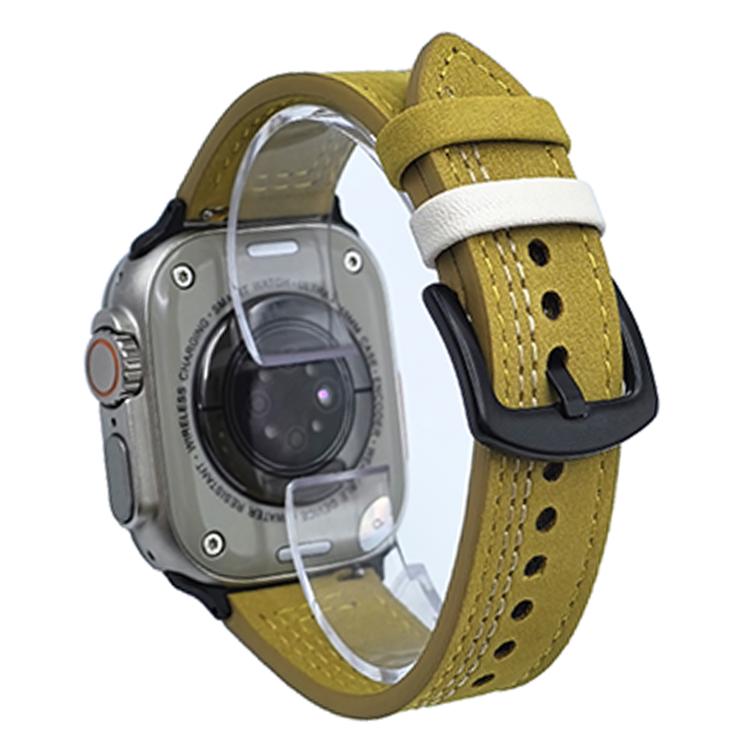 For Apple Watch 42mm / 41mm / 40mm / 38mm 7-Line Tri-Star Buckle Pull Up Leather Watch Band(Light Yellow White Thread) by bashfashion