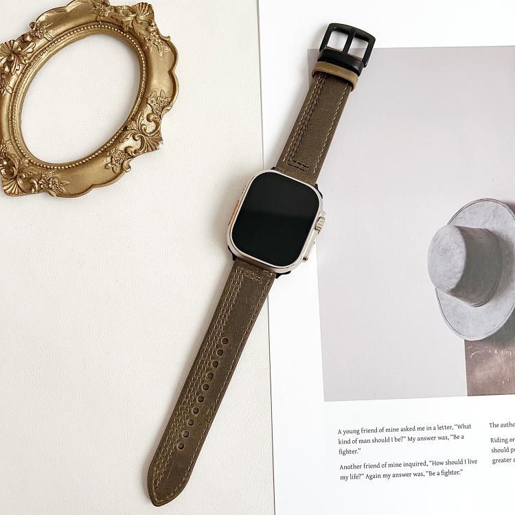 For Apple Watch 42mm / 41mm / 40mm / 38mm 7-Line Tri-Star Buckle Pull Up Leather Watch Band(Crazy Horse Army Green Black Thread) by bashfashion