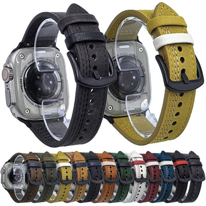 For Apple Watch 46mm / 49mm / 45mm / 44mm 7-Line Tri-Star Buckle Pull Up Leather Watch Band(Crazy Horse Yellow Brown White Thread) by bashfashion