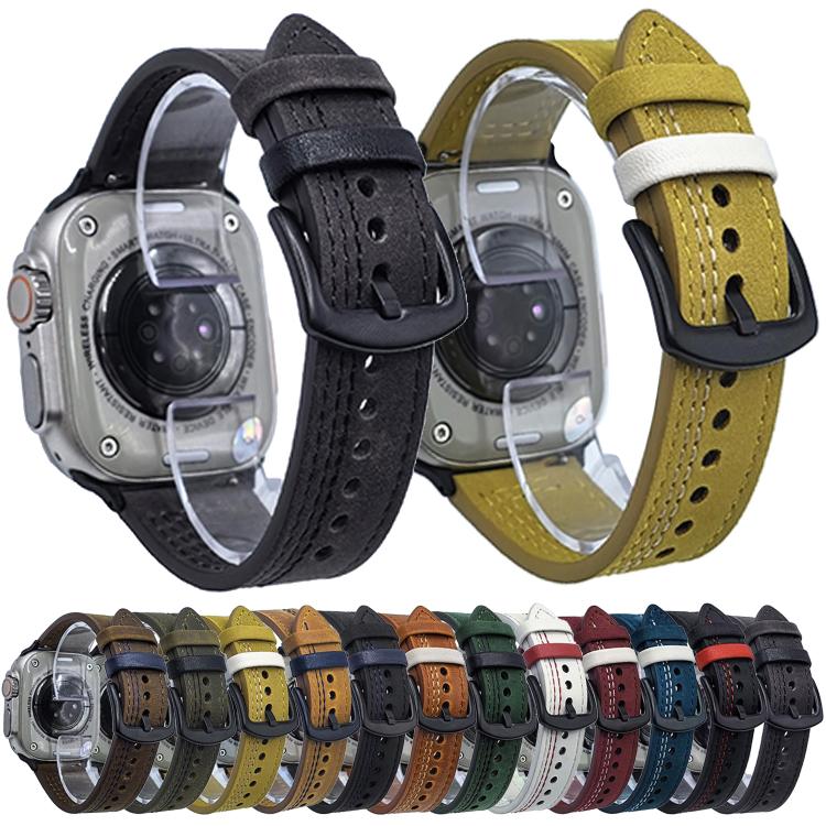 For Apple Watch 46mm / 49mm / 45mm / 44mm 7-Line Tri-Star Buckle Pull Up Leather Watch Band(Crazy Horse Light Brown Blue Thread) by bashfashion