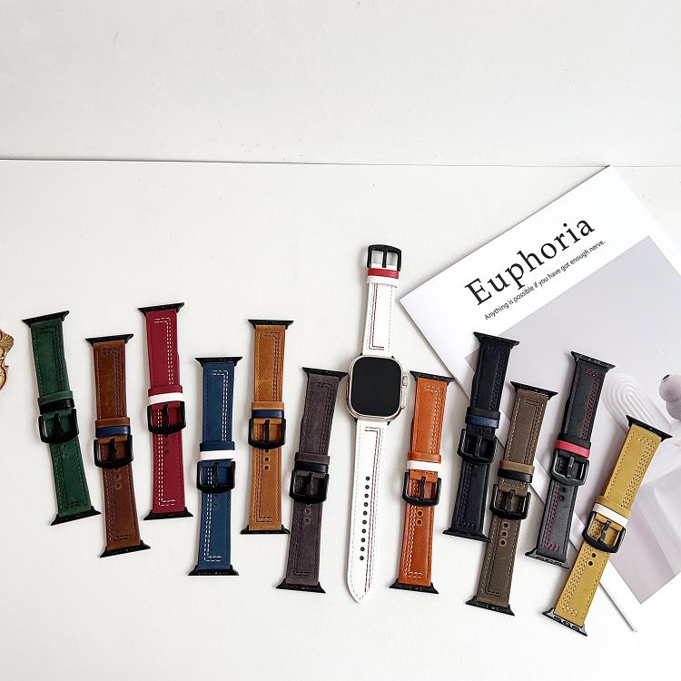 For Apple Watch 46mm / 49mm / 45mm / 44mm 7-Line Tri-Star Buckle Pull Up Leather Watch Band(Crazy Horse Yellow Brown White Thread) by bashfashion
