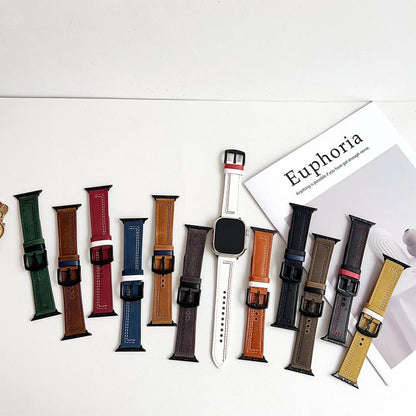 For Apple Watch 46mm / 49mm / 45mm / 44mm 7-Line Tri-Star Buckle Pull Up Leather Watch Band(Black Blue Thread) by bashfashion