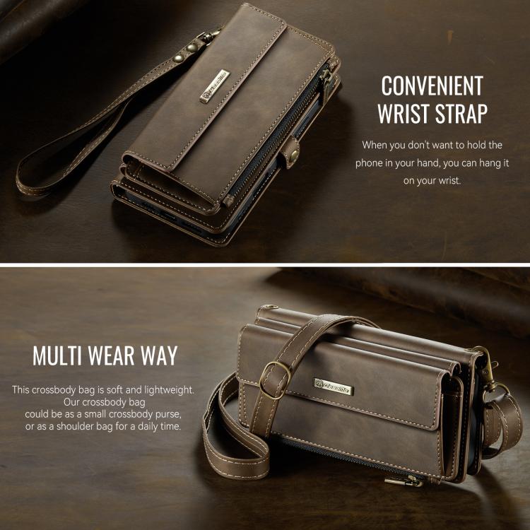 For iPhone 16 Pro Max CaseMe C39 RFID Blocking Zipper Wallet Leather Phone Case with Crossbody Strap(Coffee) by CaseMe