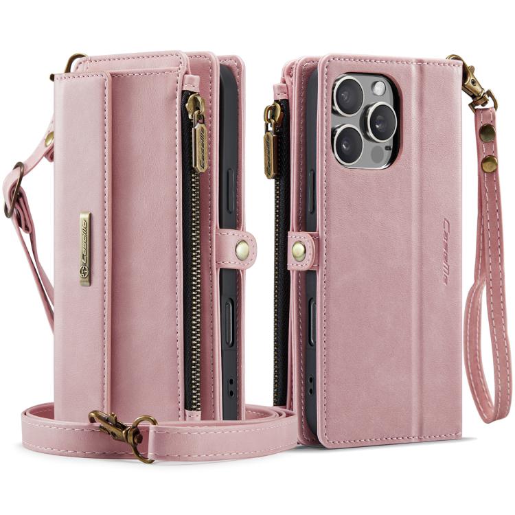 For iPhone 16 Pro Max CaseMe C39 RFID Blocking Zipper Wallet Leather Phone Case with Crossbody Strap(Pink) by CaseMe