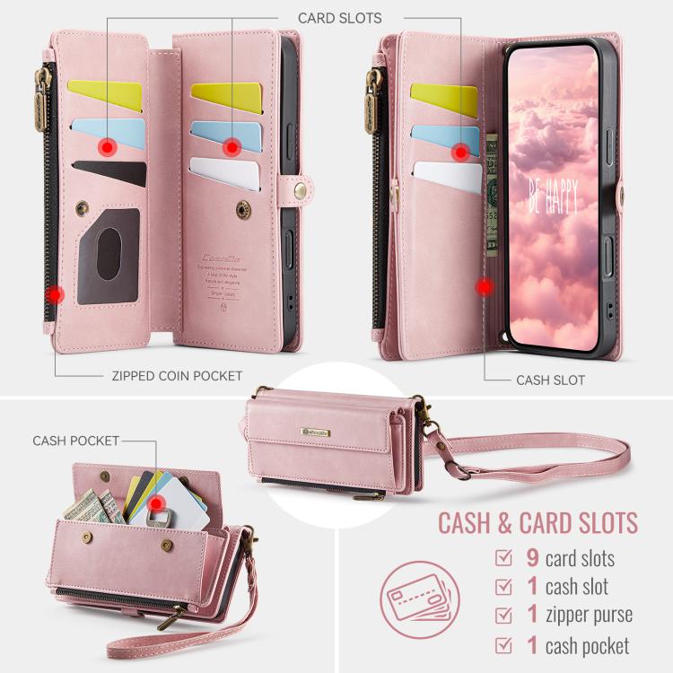 For iPhone 16 Pro Max CaseMe C39 RFID Blocking Zipper Wallet Leather Phone Case with Crossbody Strap(Pink) by CaseMe