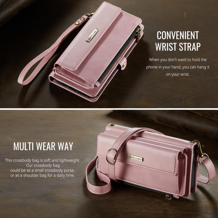 For iPhone 16 Pro Max CaseMe C39 RFID Blocking Zipper Wallet Leather Phone Case with Crossbody Strap(Pink) by CaseMe