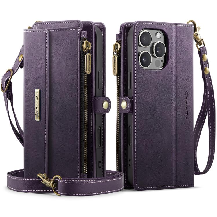 For iPhone 16 Pro CaseMe C39 RFID Blocking Zipper Wallet Leather Phone Case with Crossbody Strap(Purple) by CaseMe