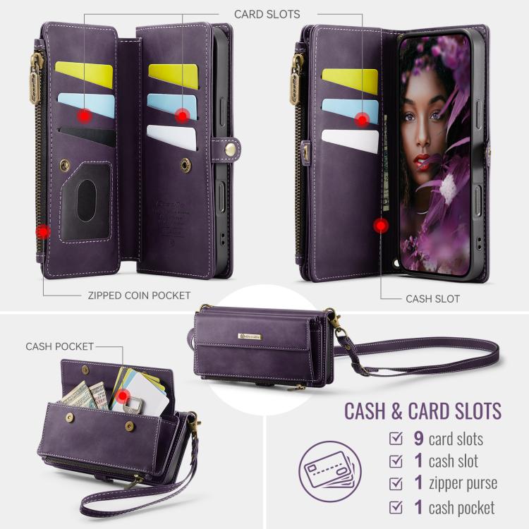 For iPhone 16 Pro CaseMe C39 RFID Blocking Zipper Wallet Leather Phone Case with Crossbody Strap(Purple) by CaseMe