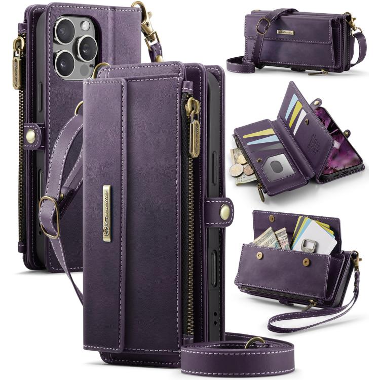 For iPhone 16 Pro CaseMe C39 RFID Blocking Zipper Wallet Leather Phone Case with Crossbody Strap(Purple) by CaseMe