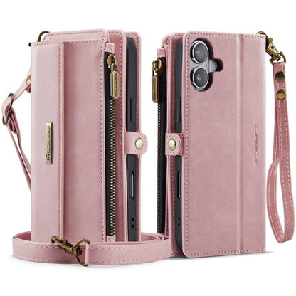 For iPhone 16 Plus CaseMe C39 RFID Blocking Zipper Wallet Leather Phone Case with Crossbody Strap(Pink) by CaseMe