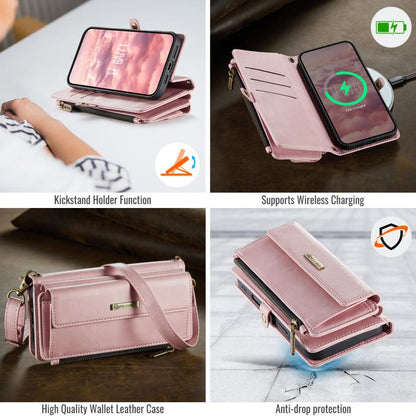 For iPhone 16 Plus CaseMe C39 RFID Blocking Zipper Wallet Leather Phone Case with Crossbody Strap(Pink) by CaseMe