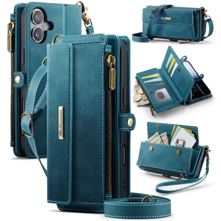 For iPhone 16 Plus CaseMe C39 RFID Blocking Zipper Wallet Leather Phone Case with Crossbody Strap(Green) by CaseMe