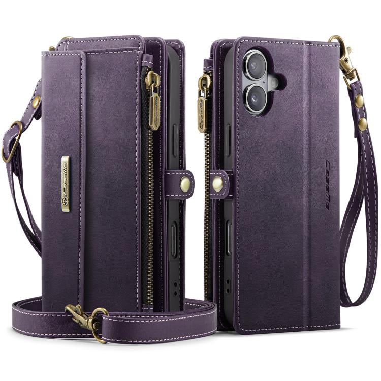 For iPhone 16 Plus CaseMe C39 RFID Blocking Zipper Wallet Leather Phone Case with Crossbody Strap(Purple) by CaseMe