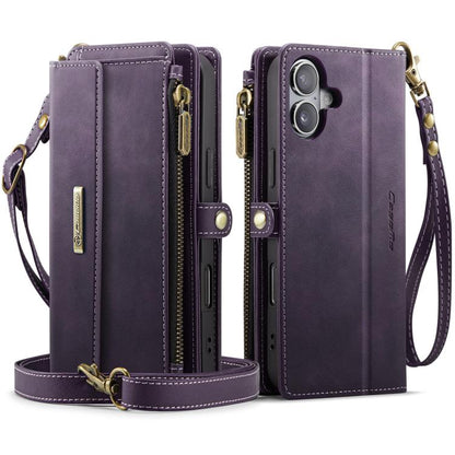 For iPhone 16 Plus CaseMe C39 RFID Blocking Zipper Wallet Leather Phone Case with Crossbody Strap(Purple) by CaseMe