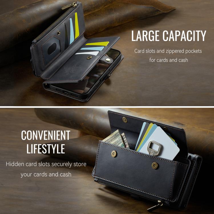 For iPhone 16 CaseMe C39 RFID Blocking Zipper Wallet Leather Phone Case with Crossbody Strap(Black) by CaseMe