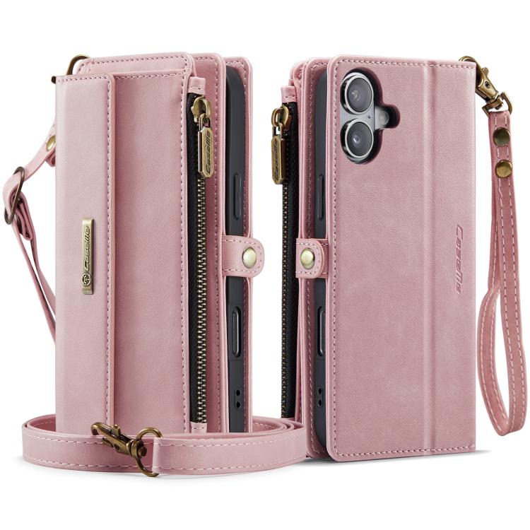 For iPhone 16 CaseMe C39 RFID Blocking Zipper Wallet Leather Phone Case with Crossbody Strap(Pink) by CaseMe