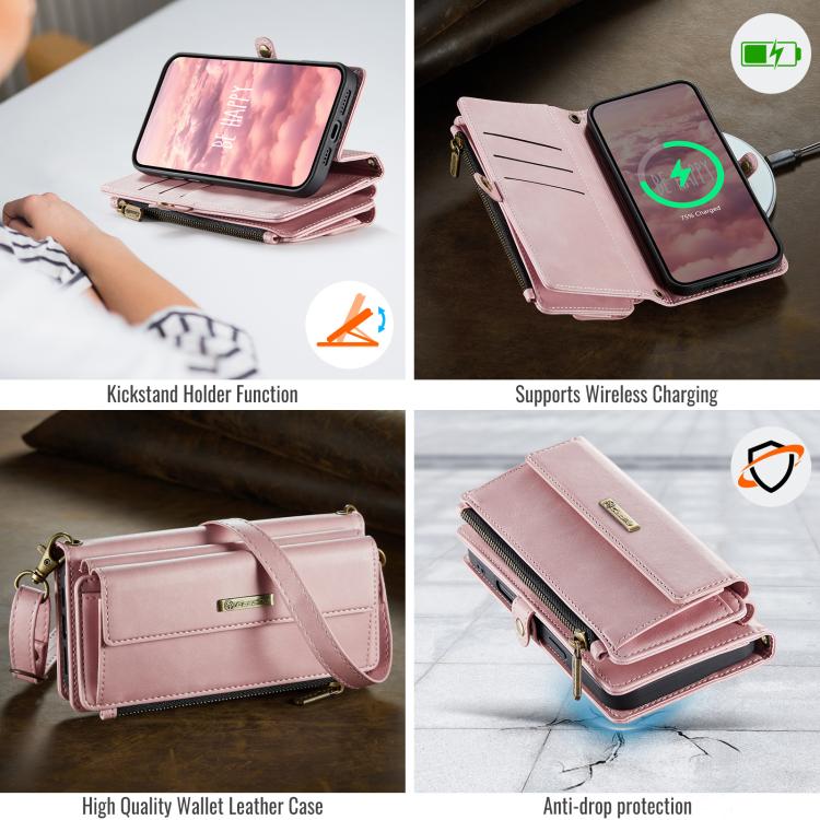 For iPhone 16 CaseMe C39 RFID Blocking Zipper Wallet Leather Phone Case with Crossbody Strap(Pink) by CaseMe