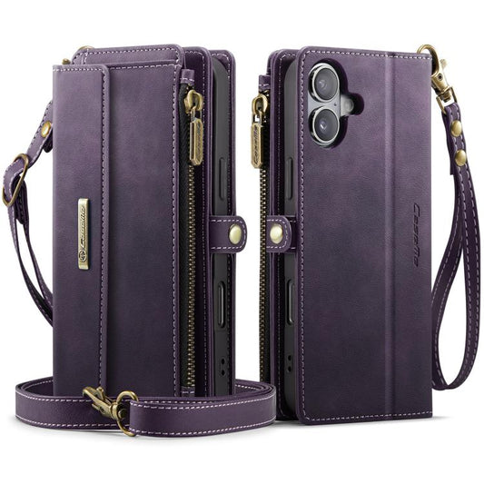 For iPhone 16 CaseMe C39 RFID Blocking Zipper Wallet Leather Phone Case with Crossbody Strap(Purple) by CaseMe