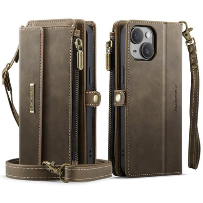 For iPhone 15 CaseMe C39 RFID Blocking Zipper Wallet Leather Phone Case with Crossbody Strap(Coffee) by CaseMe