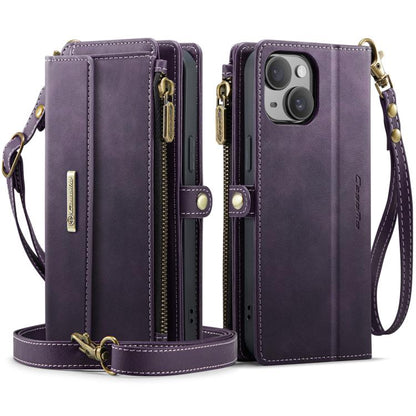 For iPhone 13 CaseMe C39 RFID Blocking Zipper Wallet Leather Phone Case with Crossbody Strap(Purple) by CaseMe
