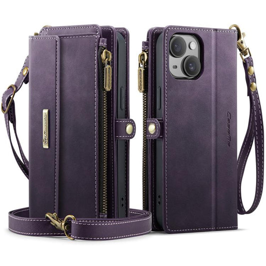For iPhone 13 CaseMe C39 RFID Blocking Zipper Wallet Leather Phone Case with Crossbody Strap(Purple) by CaseMe