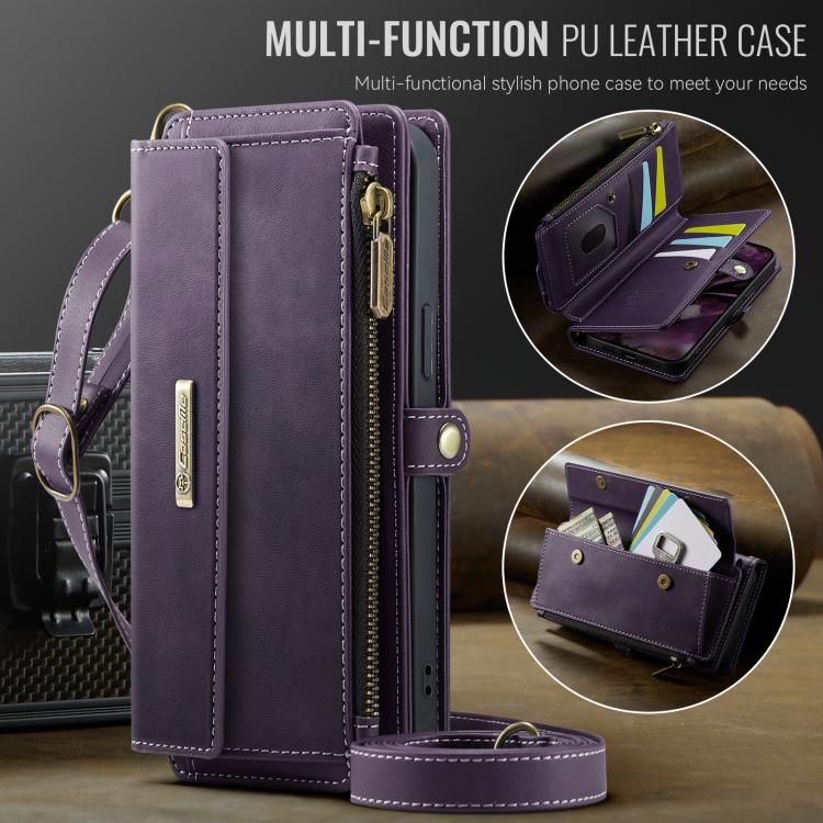For iPhone 13 CaseMe C39 RFID Blocking Zipper Wallet Leather Phone Case with Crossbody Strap(Purple) by CaseMe