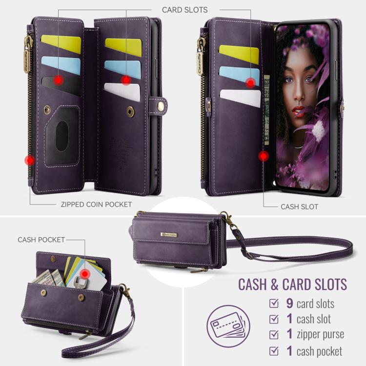 For iPhone 11 CaseMe C39 RFID Blocking Zipper Wallet Leather Phone Case with Crossbody Strap(Purple) by CaseMe