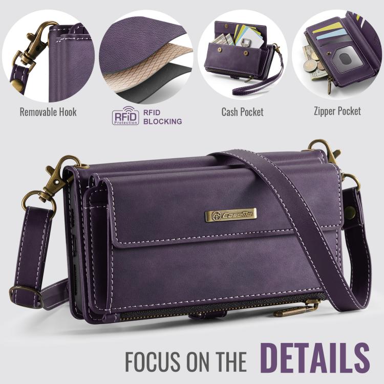 For iPhone 11 CaseMe C39 RFID Blocking Zipper Wallet Leather Phone Case with Crossbody Strap(Purple) by CaseMe