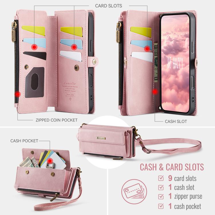 For iPhone Air CaseMe C39 RFID Blocking Zipper Wallet Leather Phone Case with Crossbody Strap(Pink) by CaseMe