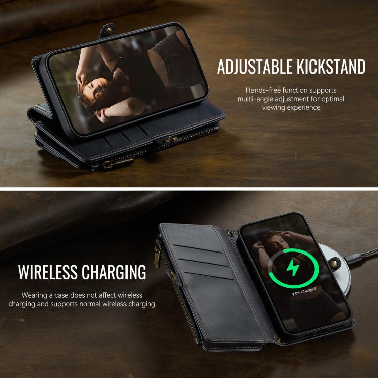 For iPhone 17 Pro CaseMe C39 RFID Blocking Zipper Wallet Leather Phone Case with Crossbody Strap(Black) by CaseMe