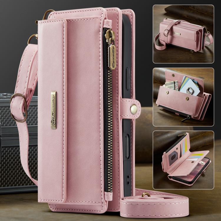 For iPhone 17 Pro Max CaseMe C39 RFID Blocking Zipper Wallet Leather Phone Case with Crossbody Strap(Pink) by CaseMe
