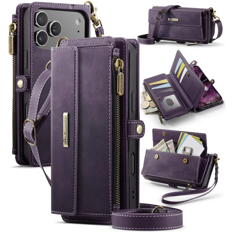 For iPhone 17 Pro Max CaseMe C39 RFID Blocking Zipper Wallet Leather Phone Case with Crossbody Strap(Purple) by CaseMe
