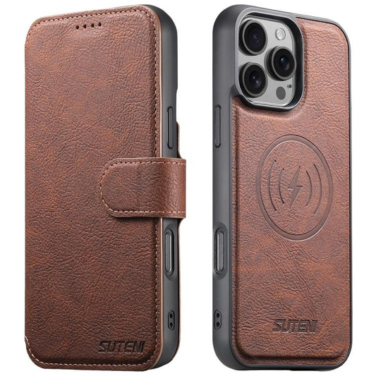 For iPhone 16 Pro Suteni Q05 2-in-1 Multi-function MagSafe Wallet Litchi Leather Phone Case(Brown) by Suteni
