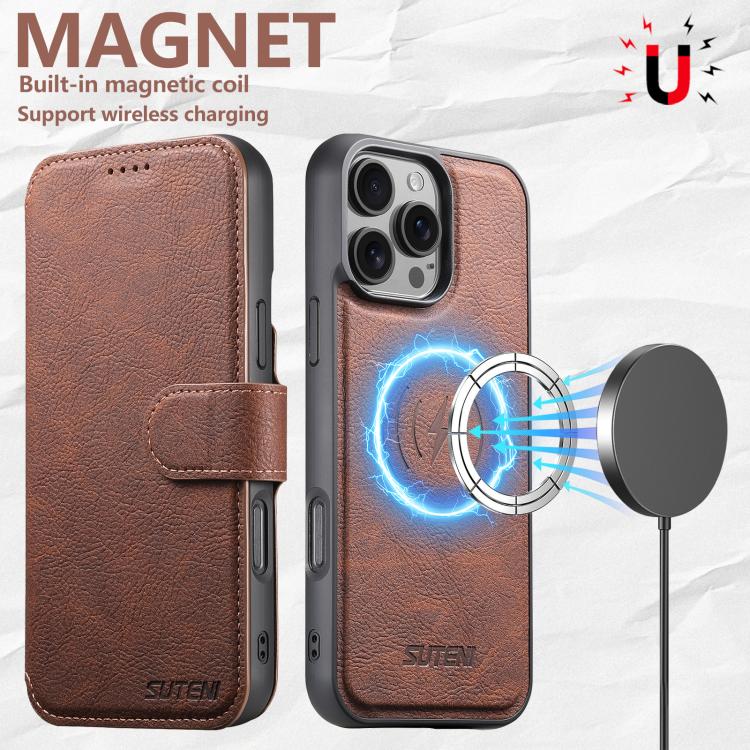 For iPhone 16 Pro Suteni Q05 2-in-1 Multi-function MagSafe Wallet Litchi Leather Phone Case(Brown) by Suteni