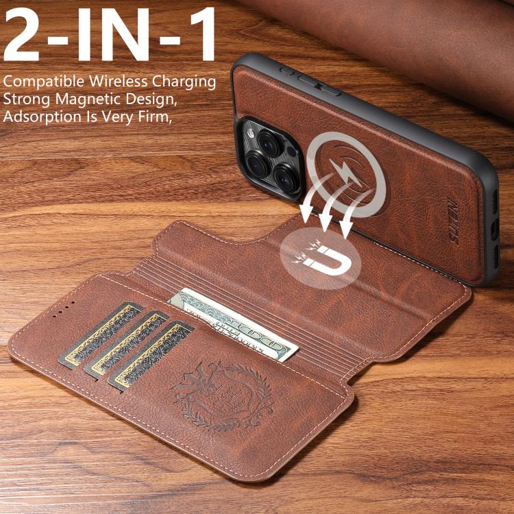 For iPhone 16 Pro Suteni Q05 2-in-1 Multi-function MagSafe Wallet Litchi Leather Phone Case(Brown) by Suteni