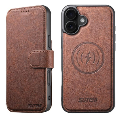 For iPhone 16 Plus Suteni Q05 2-in-1 Multi-function MagSafe Wallet Litchi Leather Phone Case(Brown) by Suteni