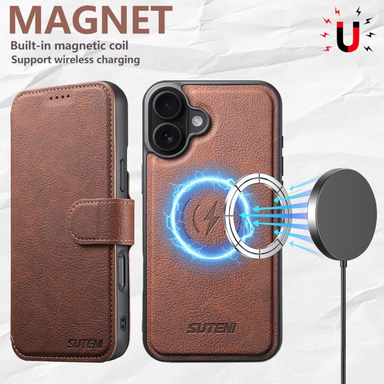 For iPhone 16 Plus Suteni Q05 2-in-1 Multi-function MagSafe Wallet Litchi Leather Phone Case(Brown) by Suteni