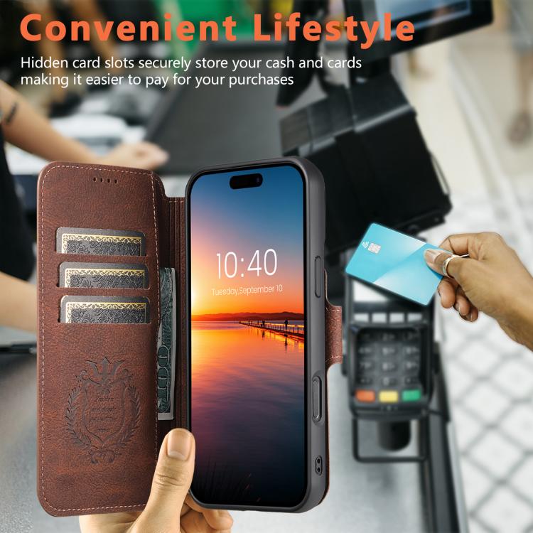 For iPhone 16 Plus Suteni Q05 2-in-1 Multi-function MagSafe Wallet Litchi Leather Phone Case(Brown) by Suteni