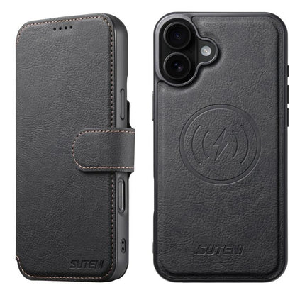 For iPhone 16 Suteni Q05 2-in-1 Multi-function MagSafe Wallet Litchi Leather Phone Case(Black) by Suteni